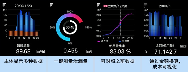 主體顯示多種數(shù)據(jù) | 一鍵測量泄漏量 | 可對照之前數(shù)據(jù) | 通過金額換算，成本可視化